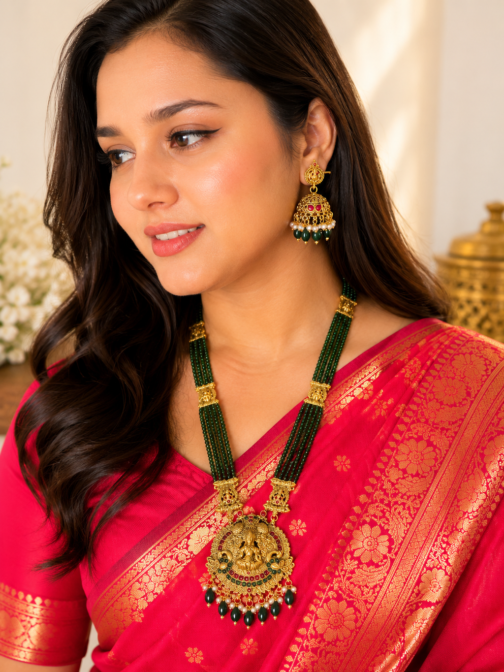 Royal Green Crystal long Necklace with earring set