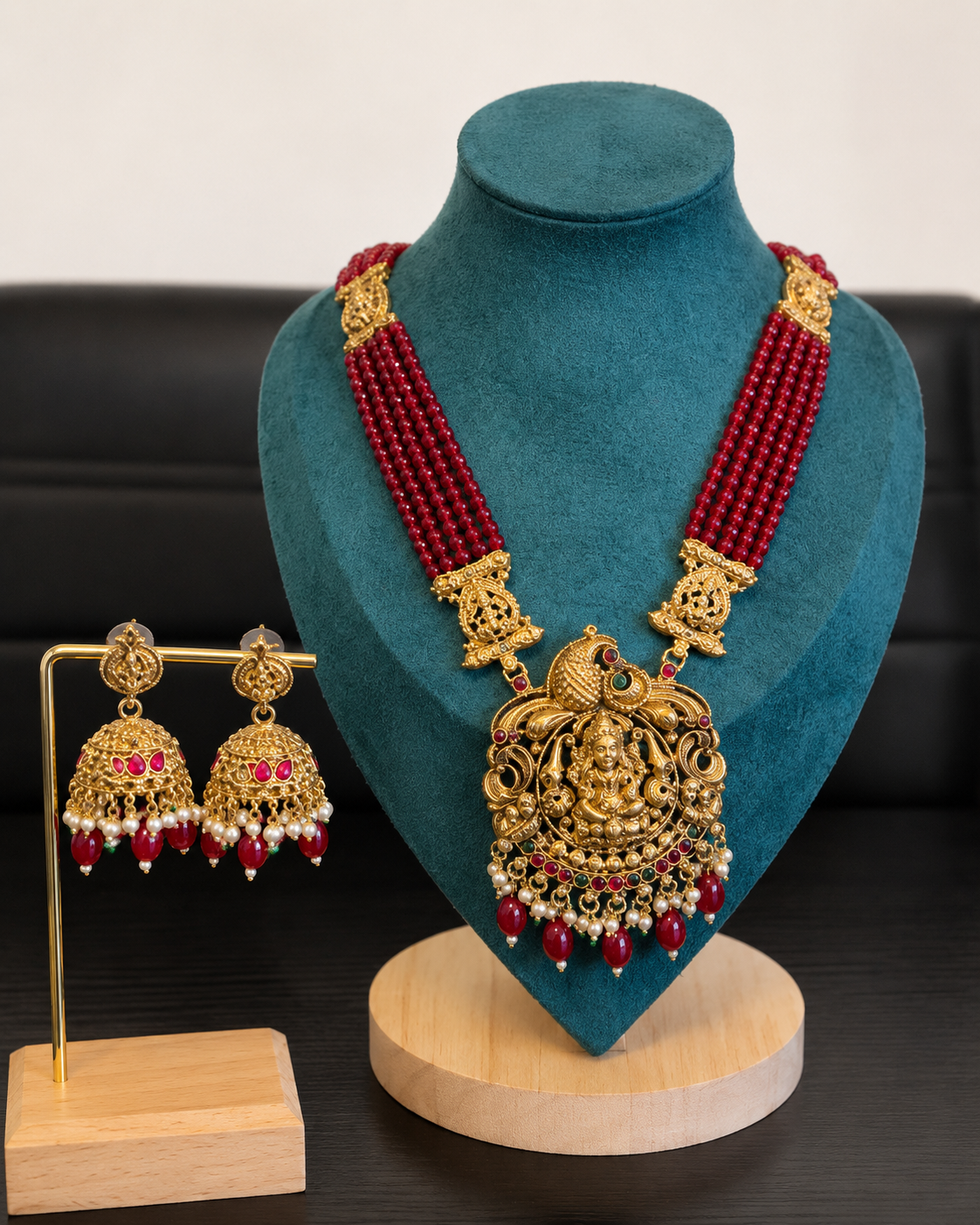 Maroon Crystal long Necklace with earring set