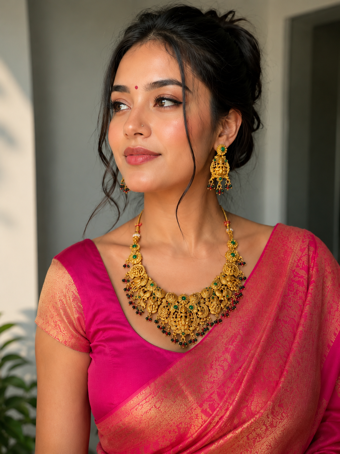 Rajasi Matte Gold Bridal Temple Set with Earrings