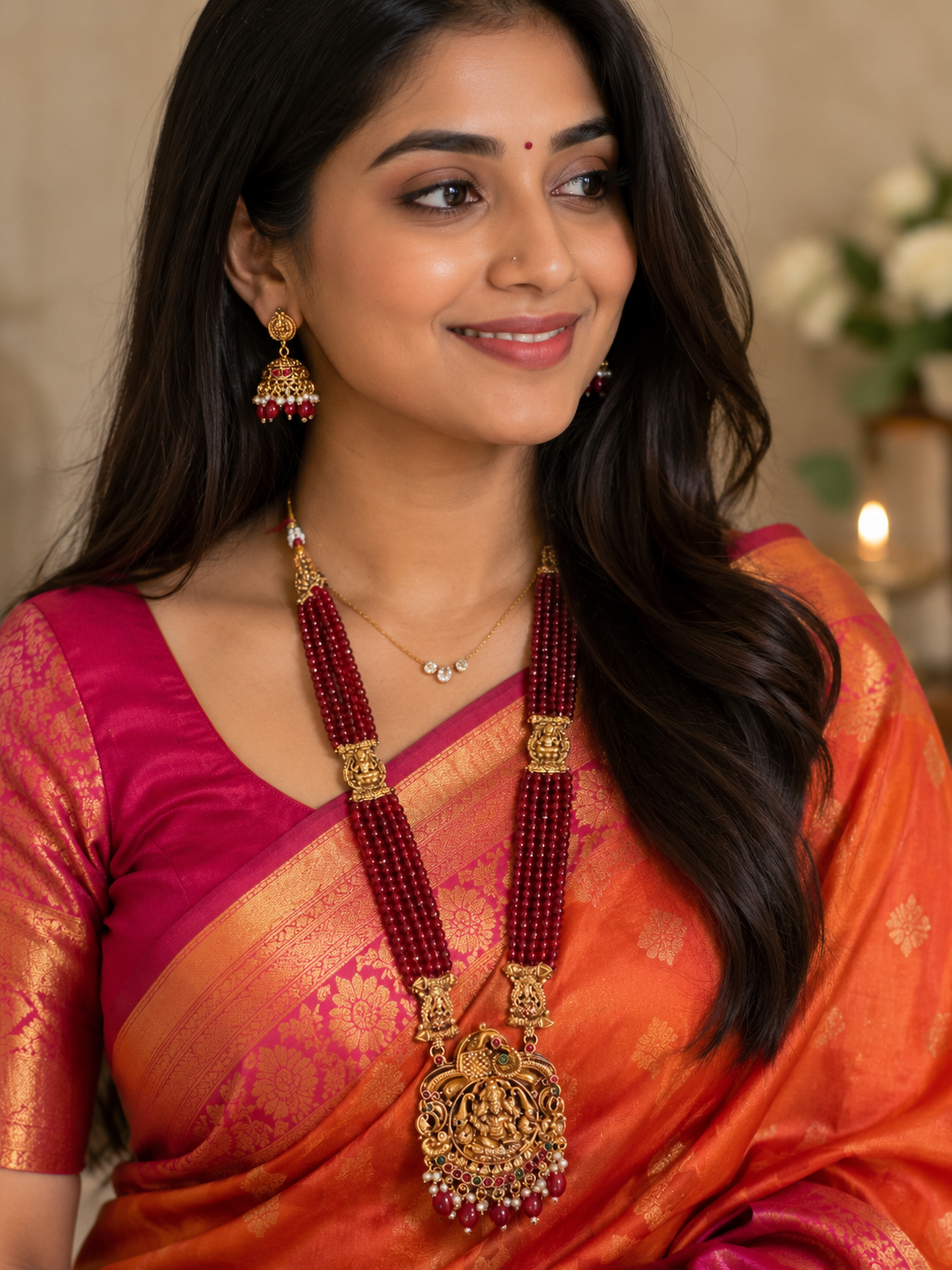 Maroon Crystal long Necklace with earring set