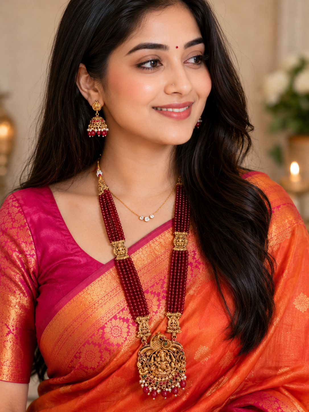 Maroon Crystal long Necklace with earring set