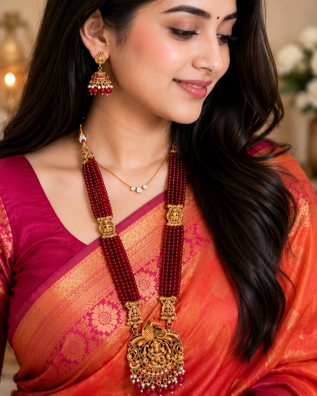 Maroon Crystal long Necklace with earring set