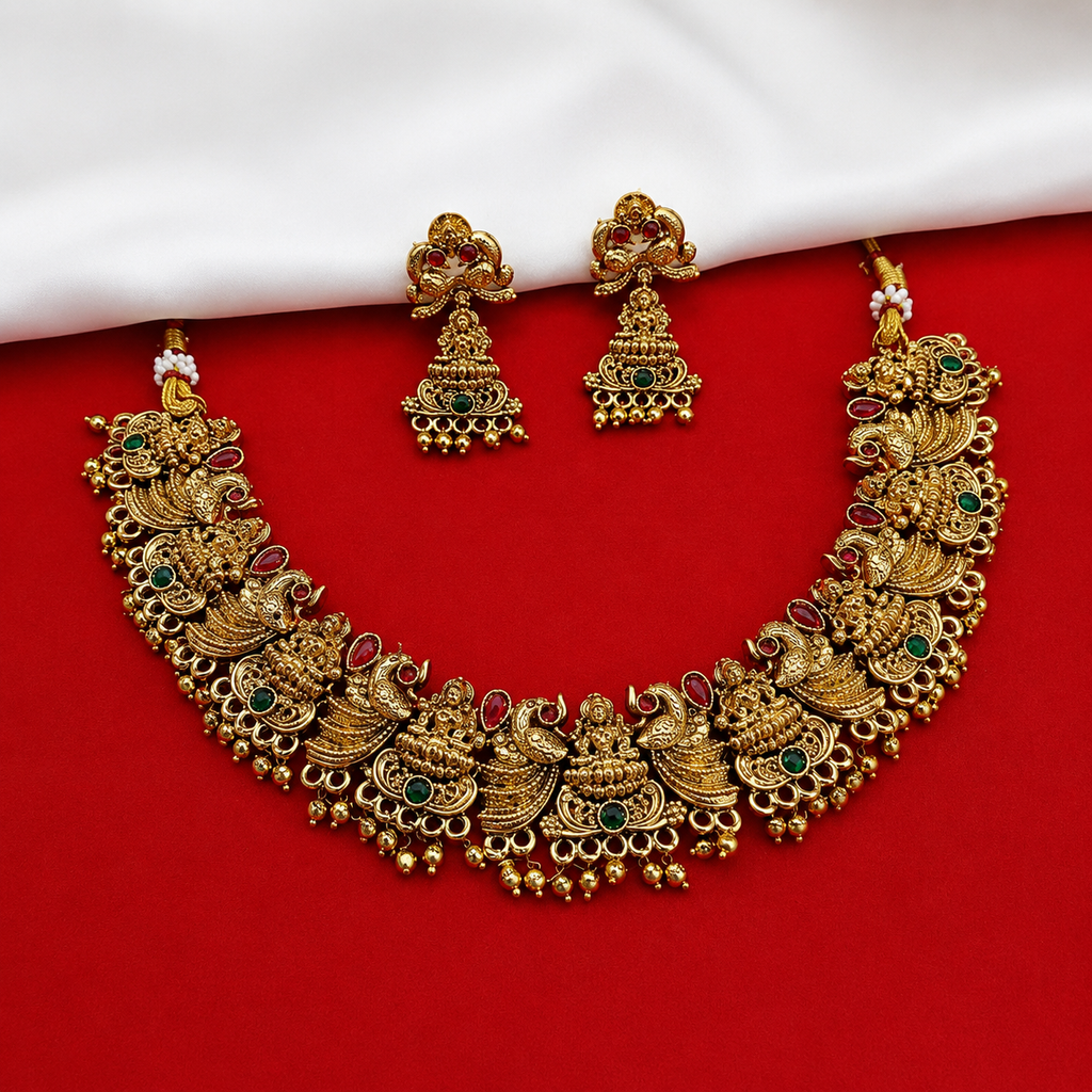 Lakshmi  Necklace Set | Antique Gold Jhumka Earrings