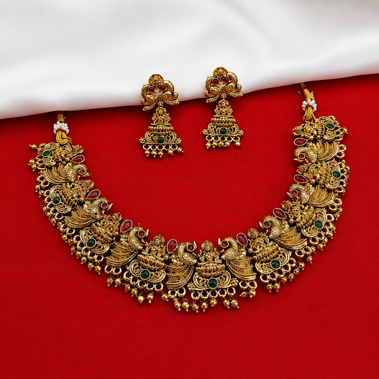 Lakshmi  Necklace Set | Antique Gold Jhumka Earrings