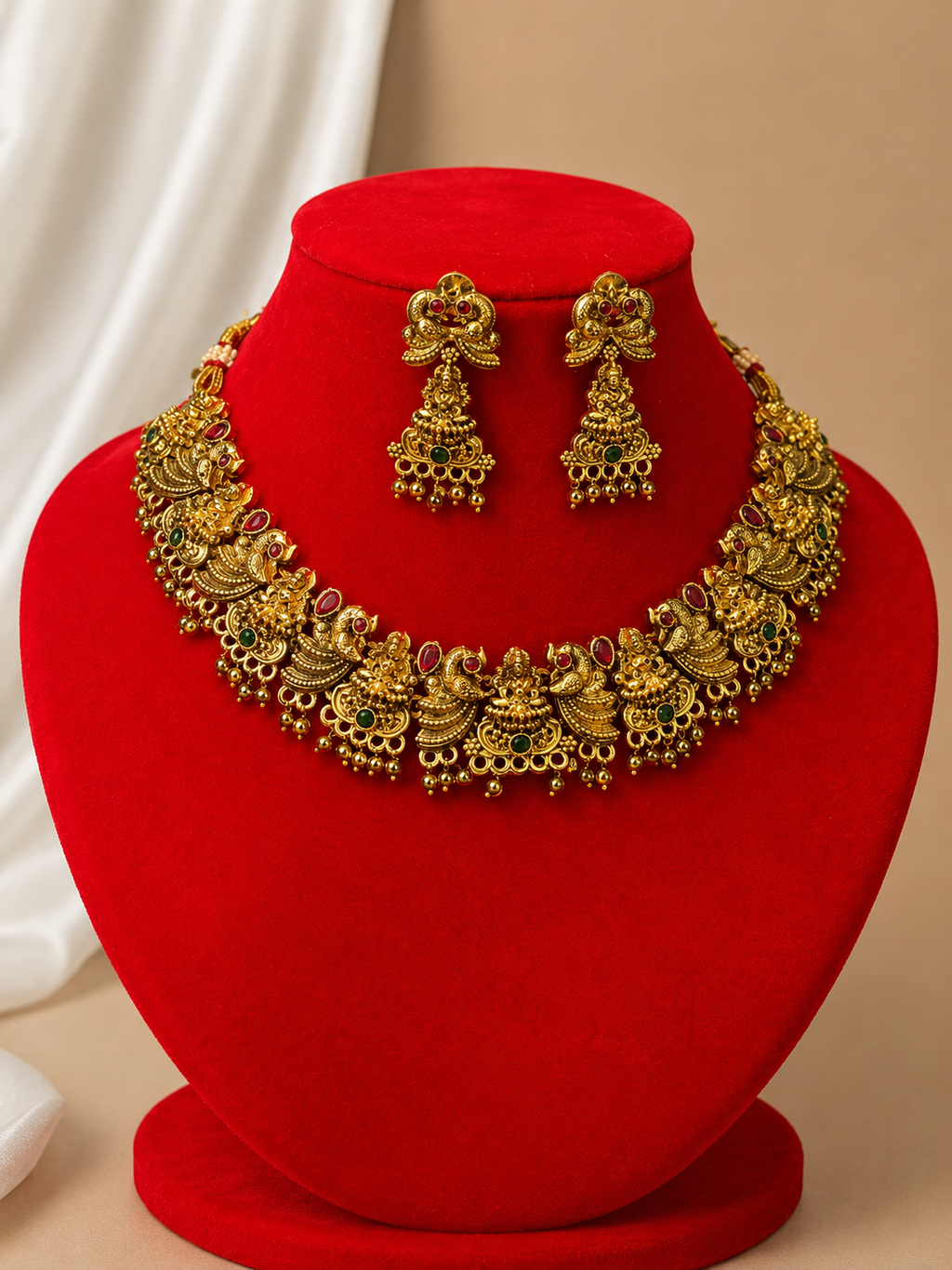 Lakshmi  Necklace Set | Antique Gold Jhumka Earrings