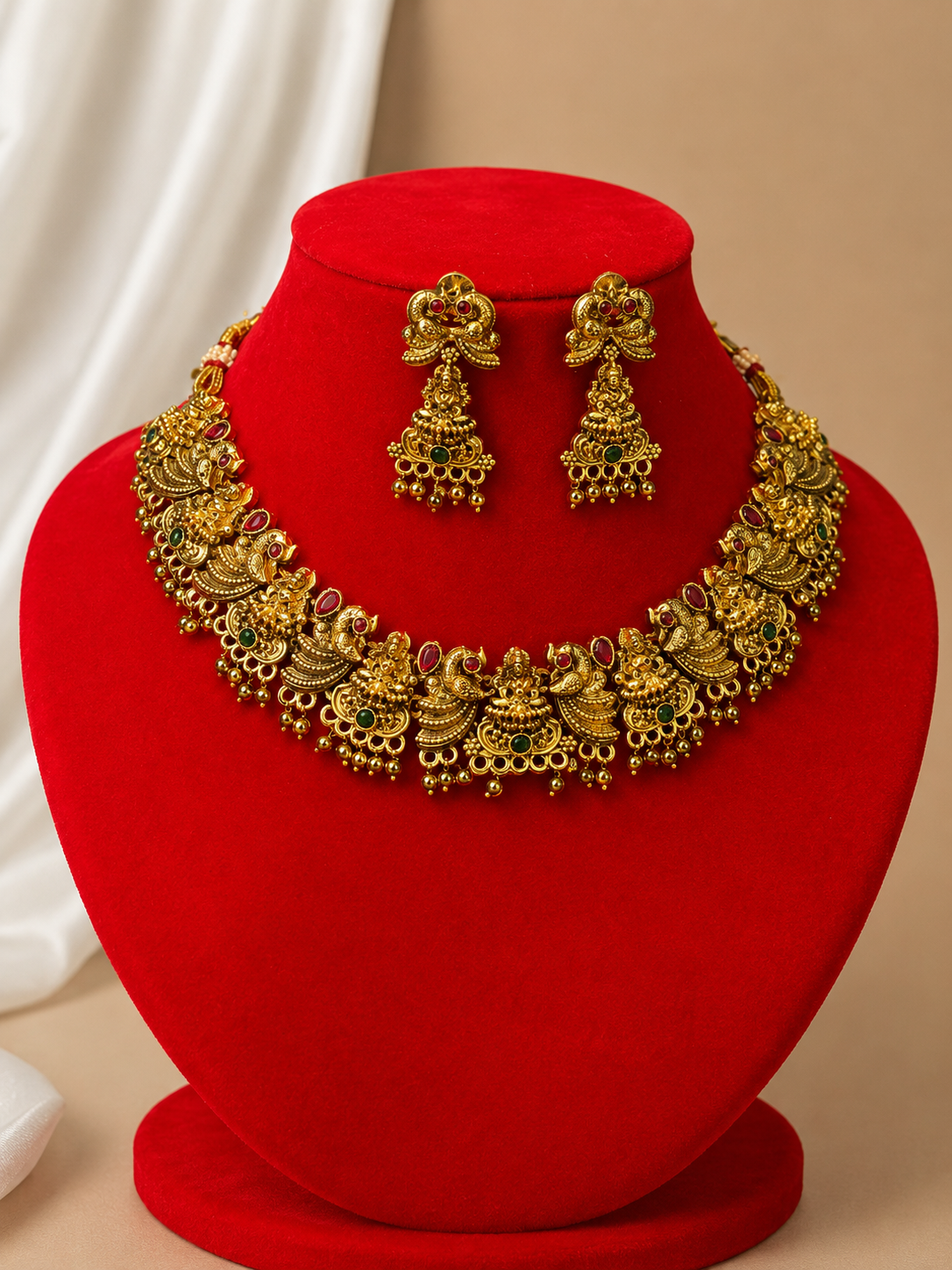 Lakshmi  Necklace Set | Antique Gold Jhumka Earrings