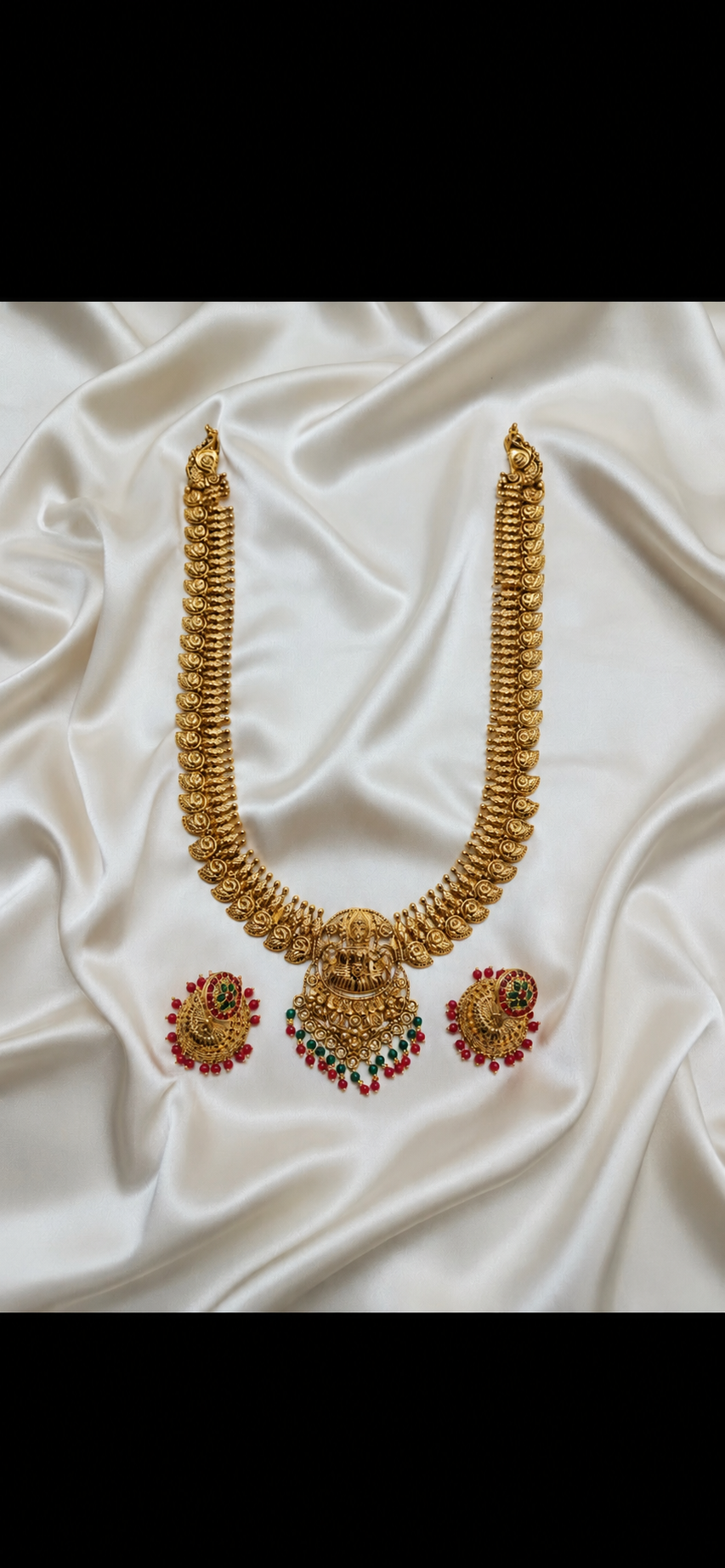 Lakshmi Temple Jewellery Long Necklace Set with Jhumka Earrings
