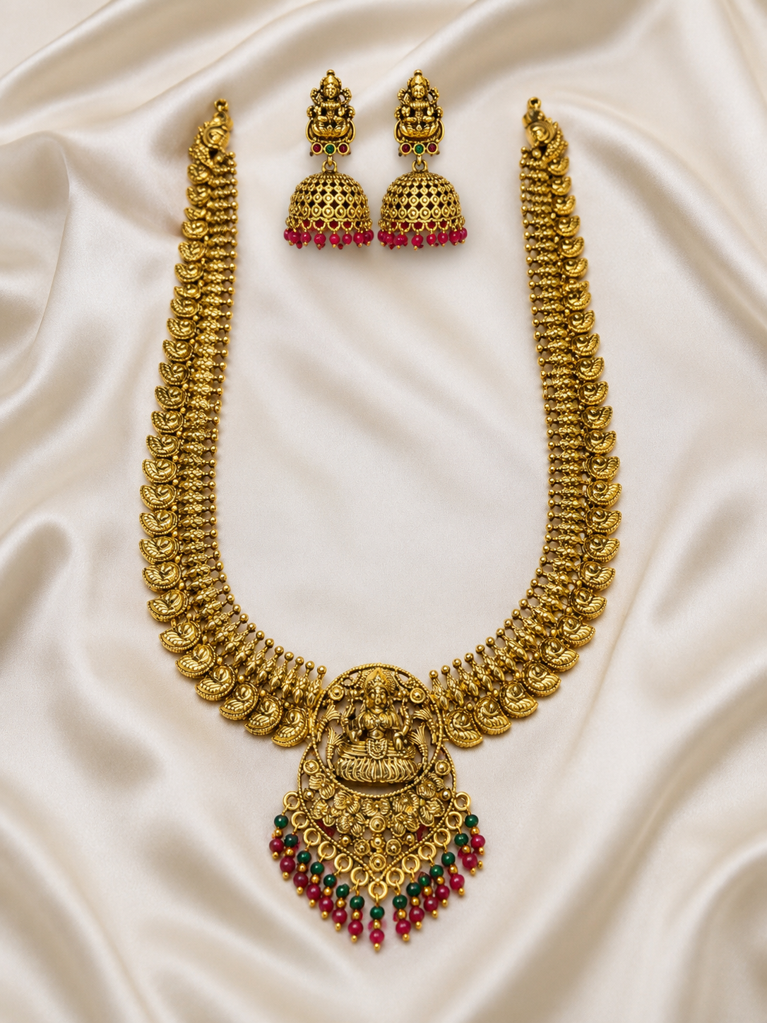 Lakshmi Temple Jewellery Long Necklace Set with Jhumka Earrings