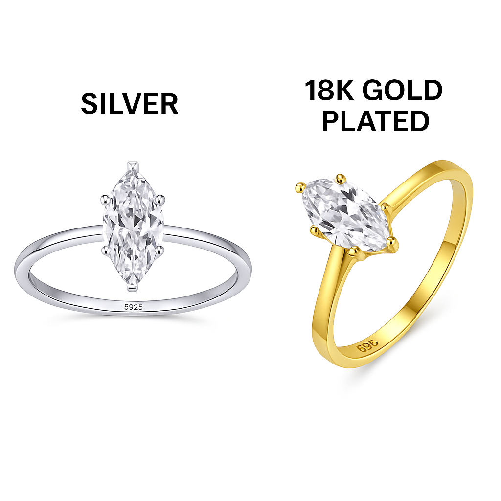 Marquise Cut Cubic Zirconia Ring | Real 925 Sterling Silver | Silver & 18K Gold Plated Gold Plated on Real 925 Sterling Silver