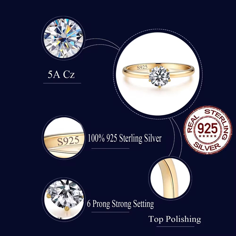Champagne Gold plated 925 Sterling Silver Round Cubic Zirconia Solitaire Ring