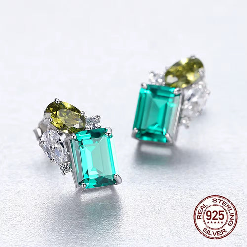 925 Sterling Silver  Green Square Cubic Zirconia Stud Earrings