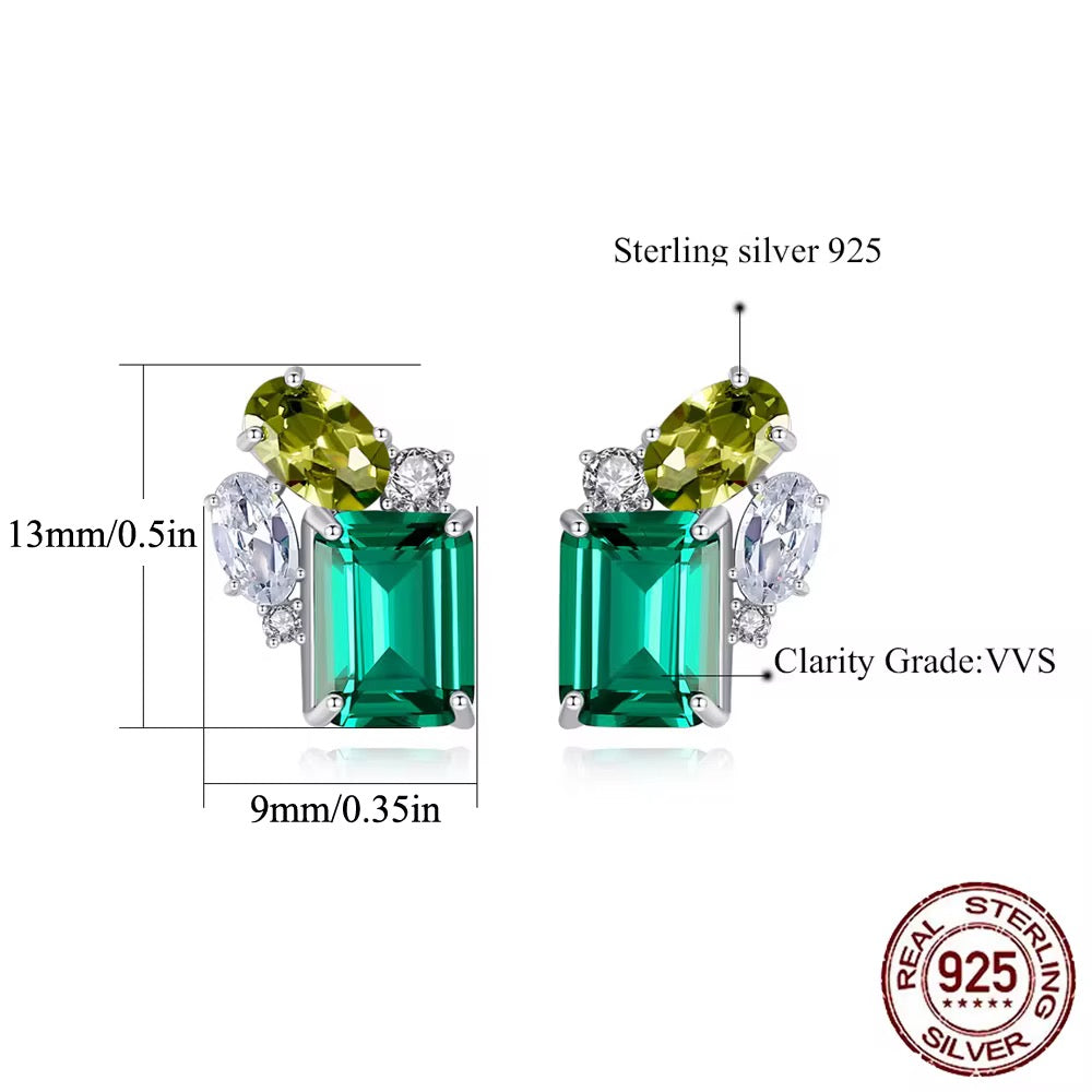 925 Sterling Silver  Green Square Cubic Zirconia Stud Earrings