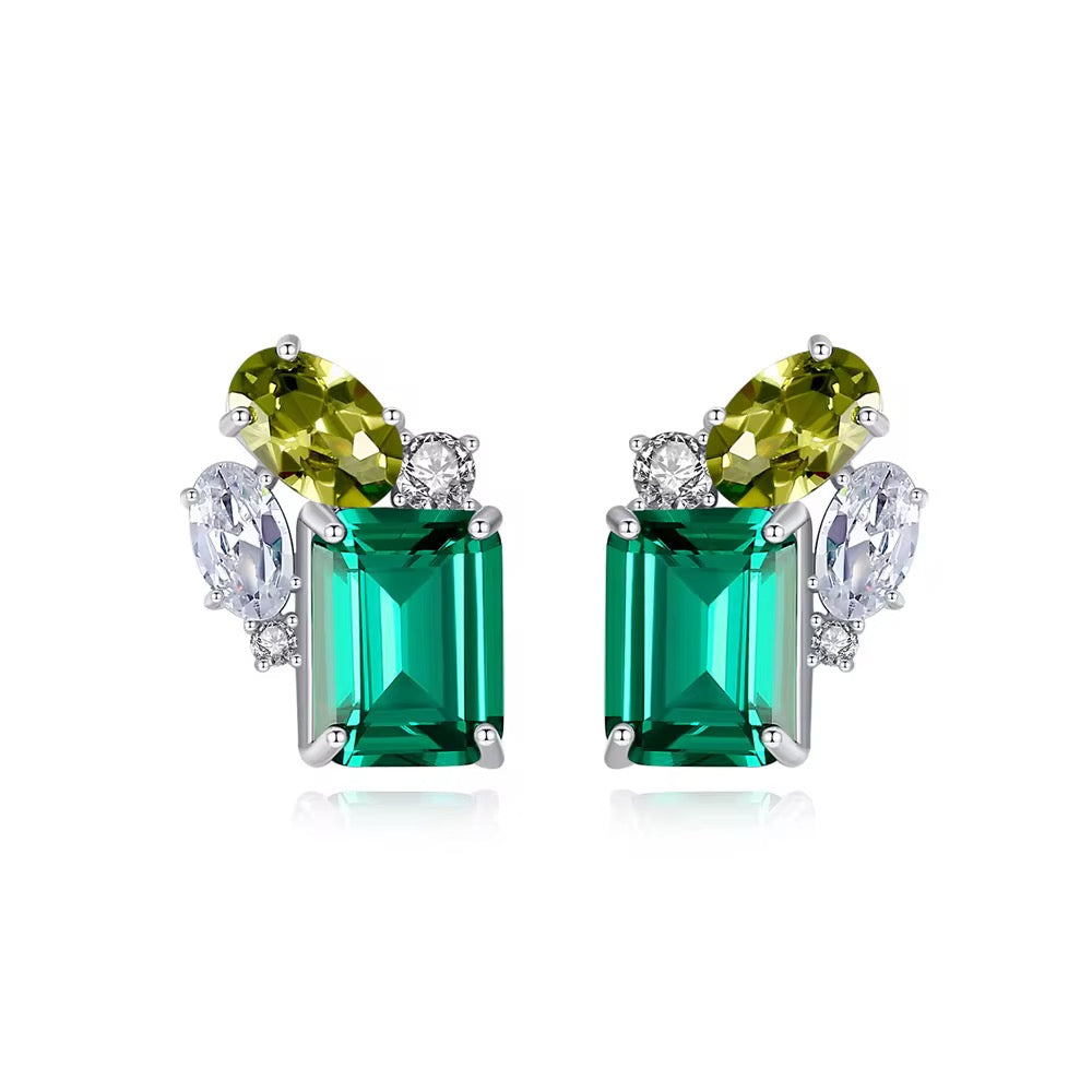 925 Sterling Silver  Green Square Cubic Zirconia Stud Earrings