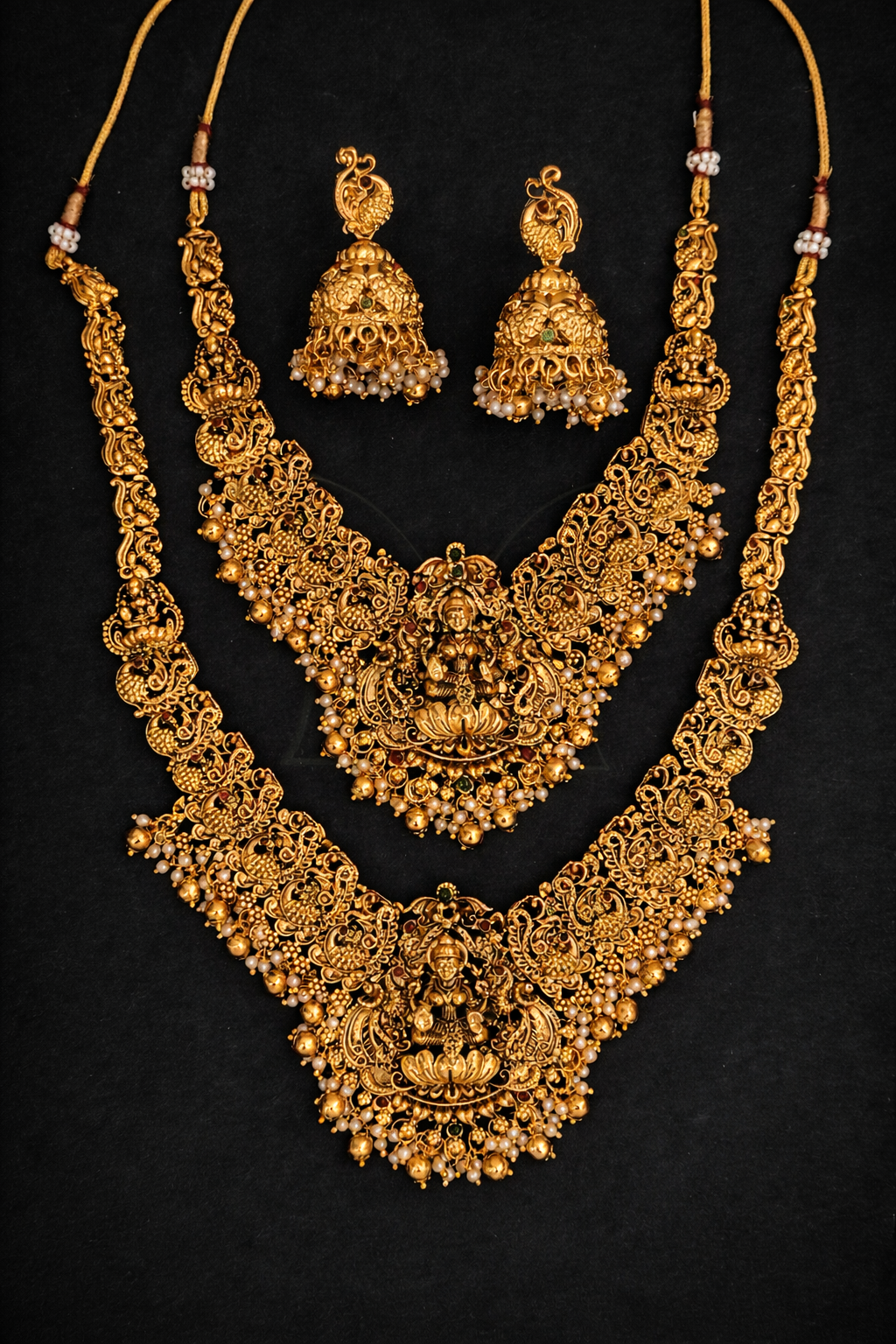 Antique Gold Plated Brass Bridal Temple Long Necklace Set with Jhumka Earrings