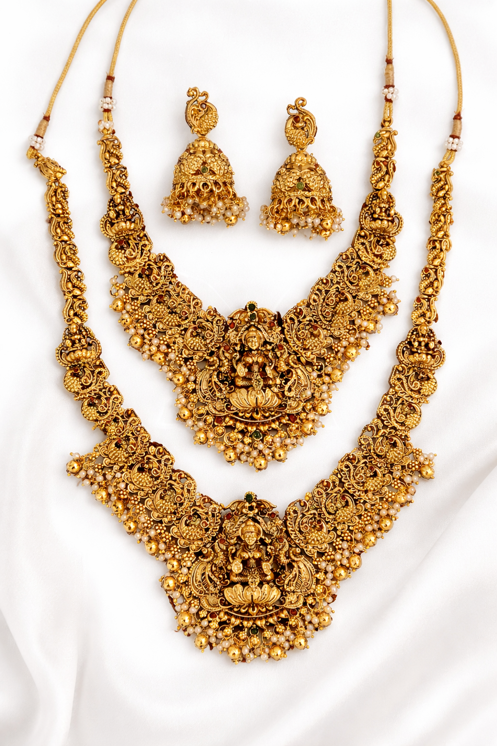 Antique Gold Plated Brass Bridal Temple Long Necklace Set with Jhumka Earrings