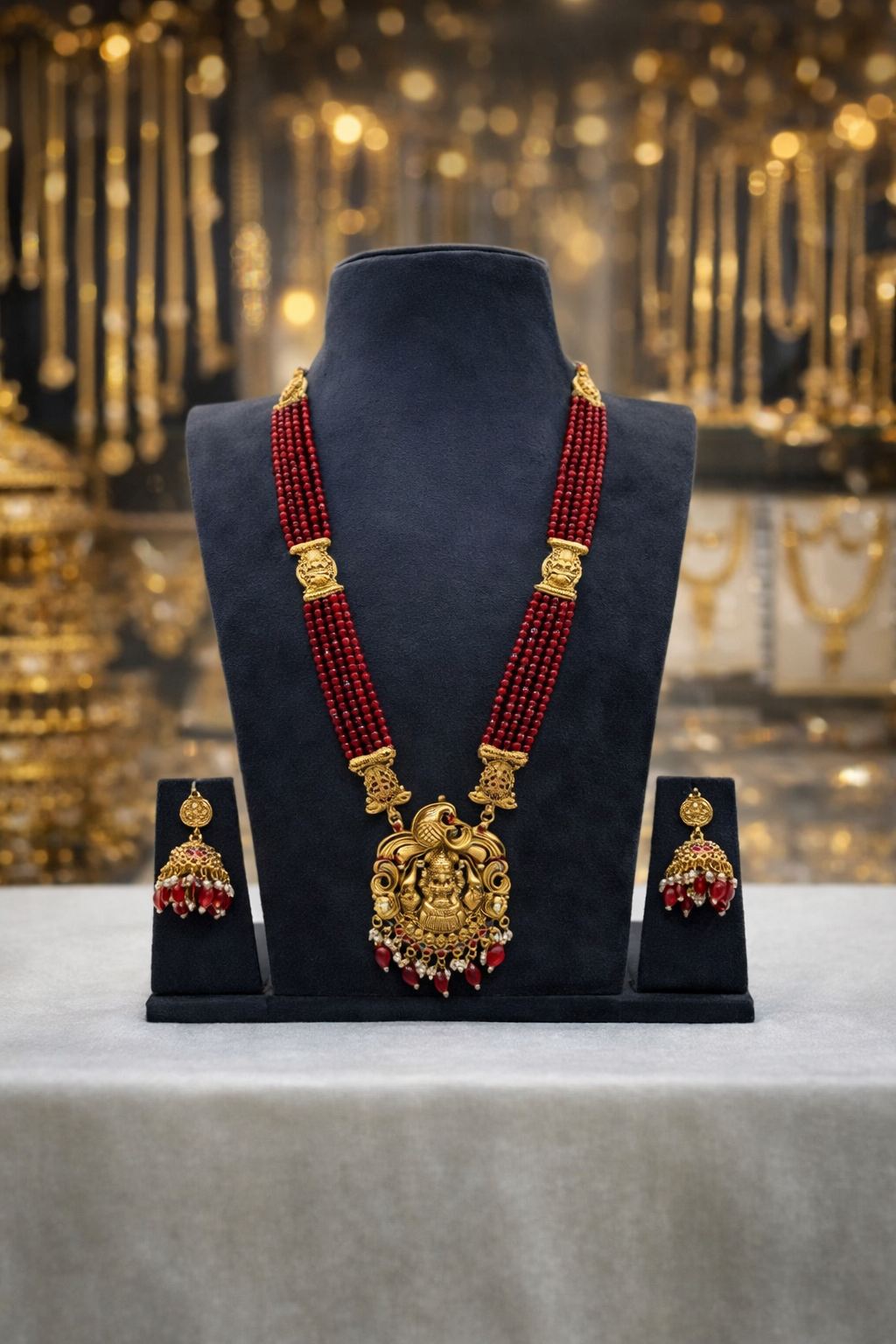 Maroon Crystal long Necklace with earring set