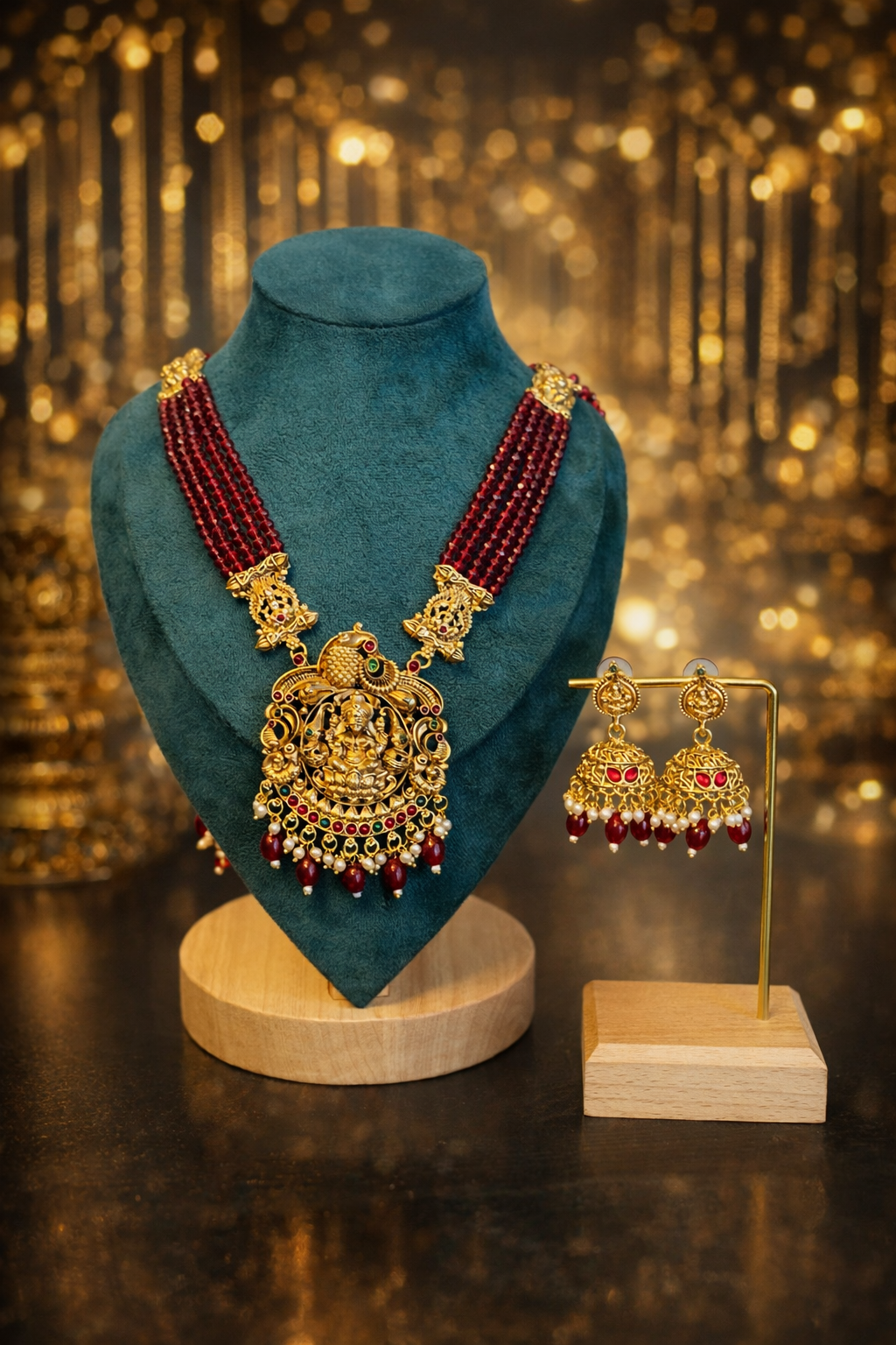 Maroon Crystal long Necklace with earring set