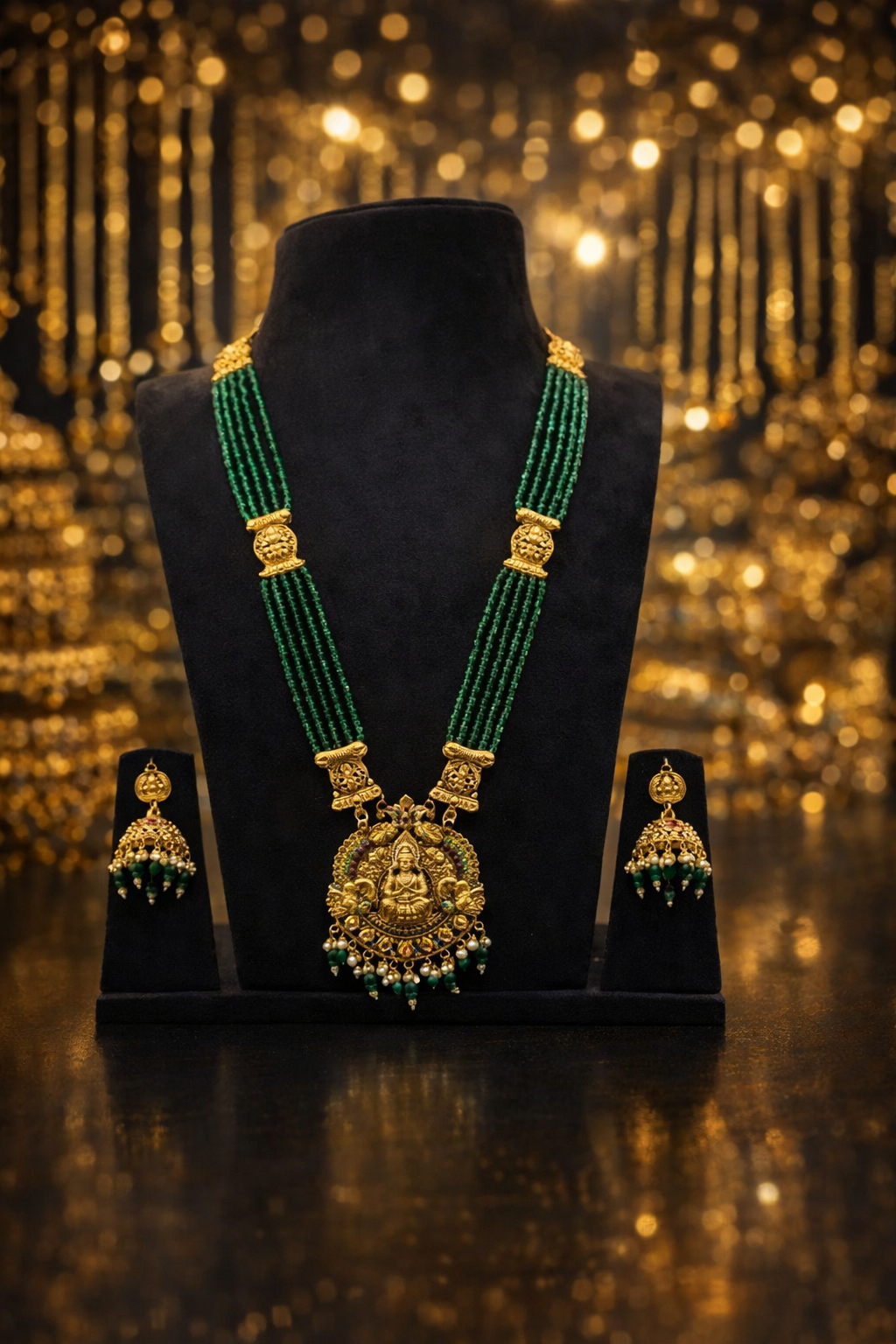 Royal Green Crystal long Necklace with earring set