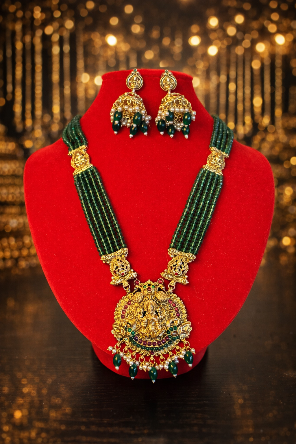 Royal Green Crystal long Necklace with earring set