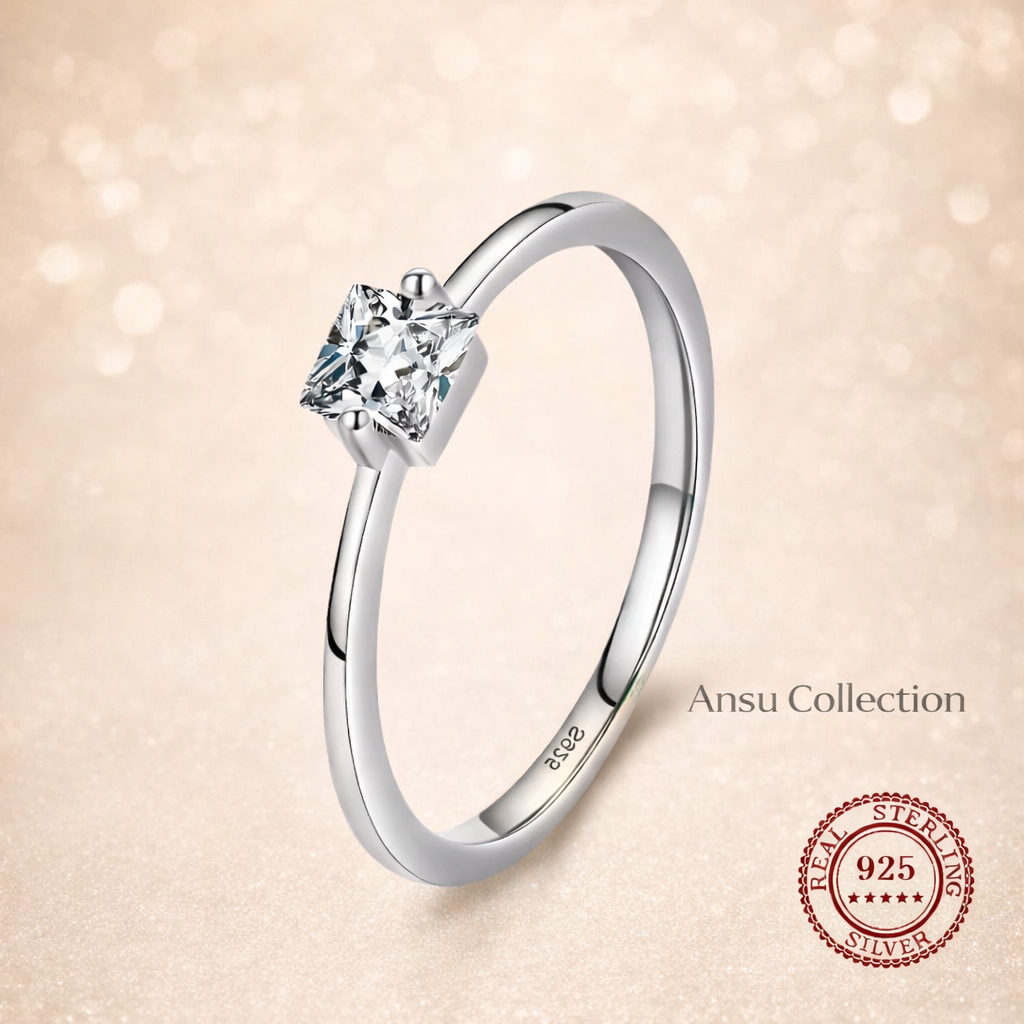 Noor ||Sterling Silver Classic Square Cubic Zirconia Ring ||Simple & Elegant