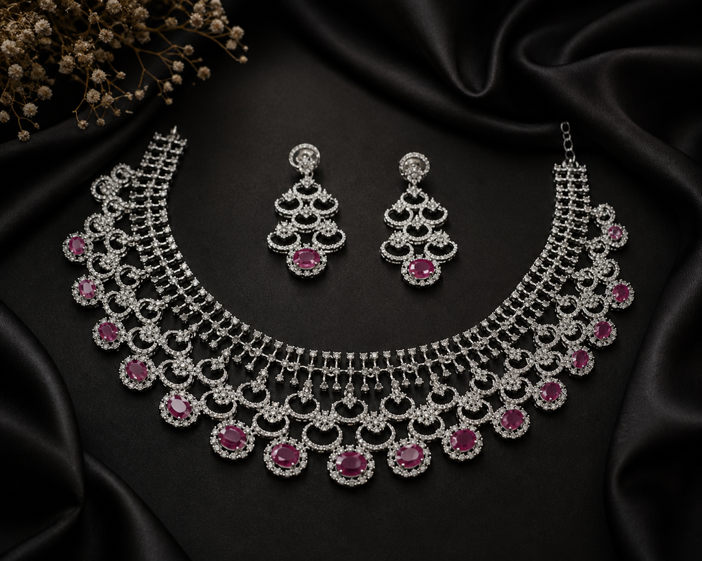 Rajkumari Ruby AD Bridal Necklace & Earring Set