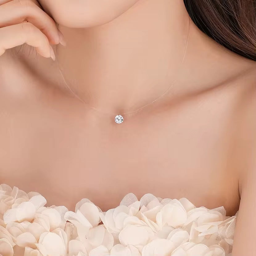 Floating Spark Necklace | Invisible Transparent Line 925 Sterling Silver CZ Pendant