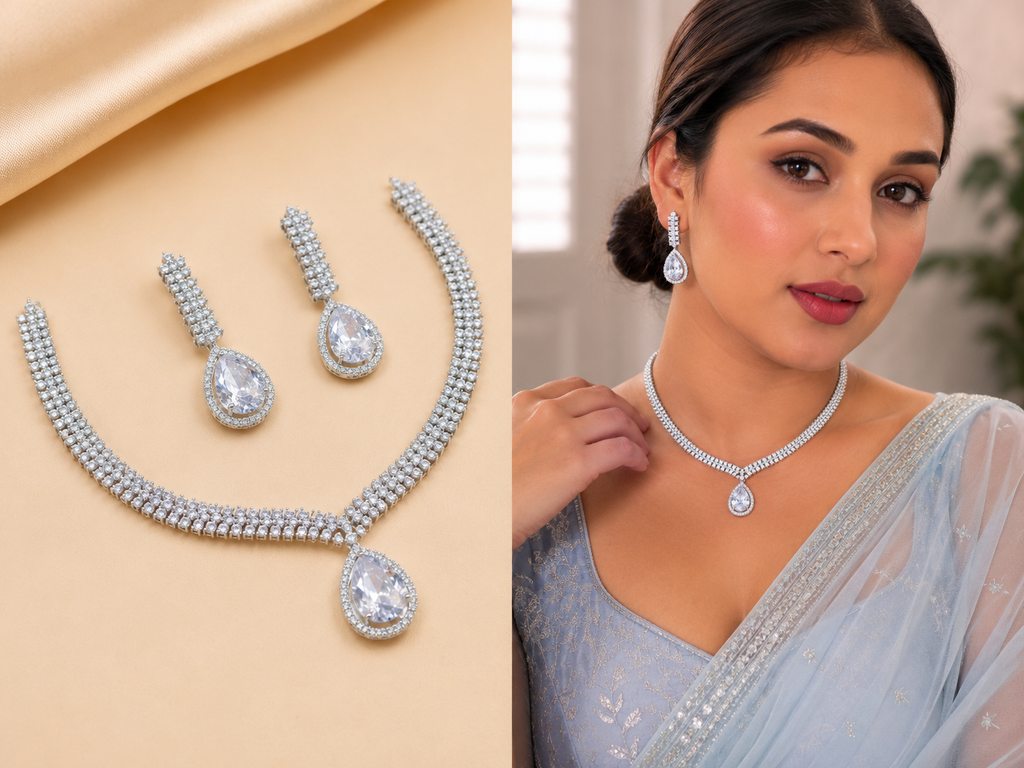 ✨ Kiara AAmerican Diamond Necklace & Earring Set | Variants:
🤍 Crystal White
💙 Sapphire Blue