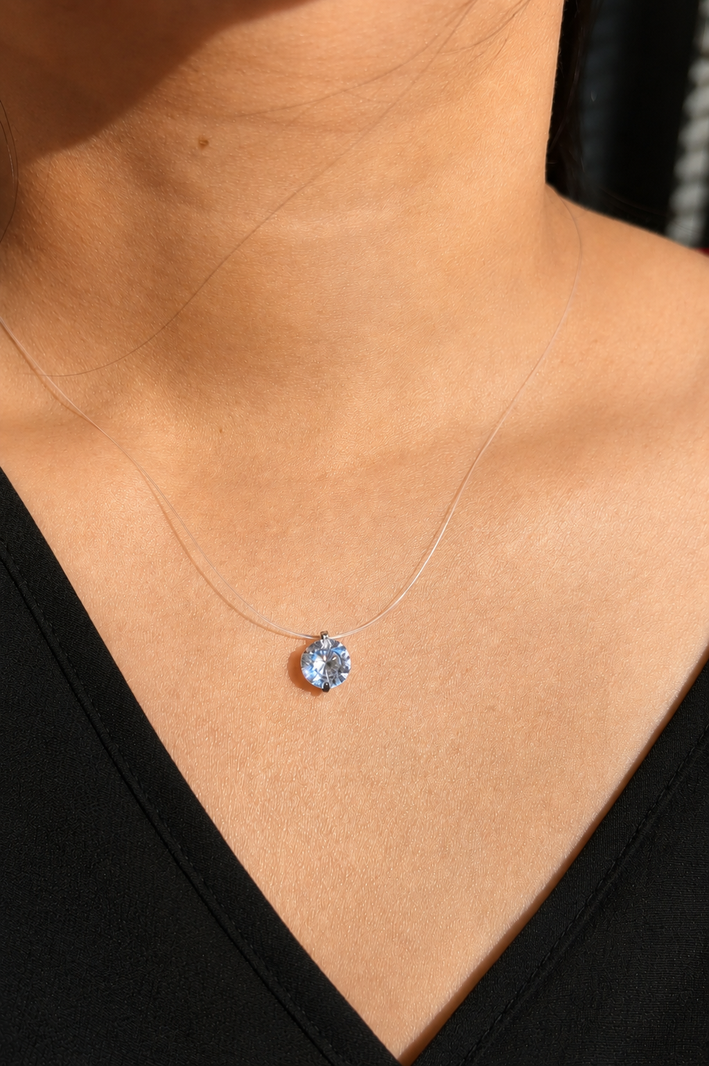 Floating Spark Necklace | Invisible Transparent Line 925 Sterling Silver CZ Pendant