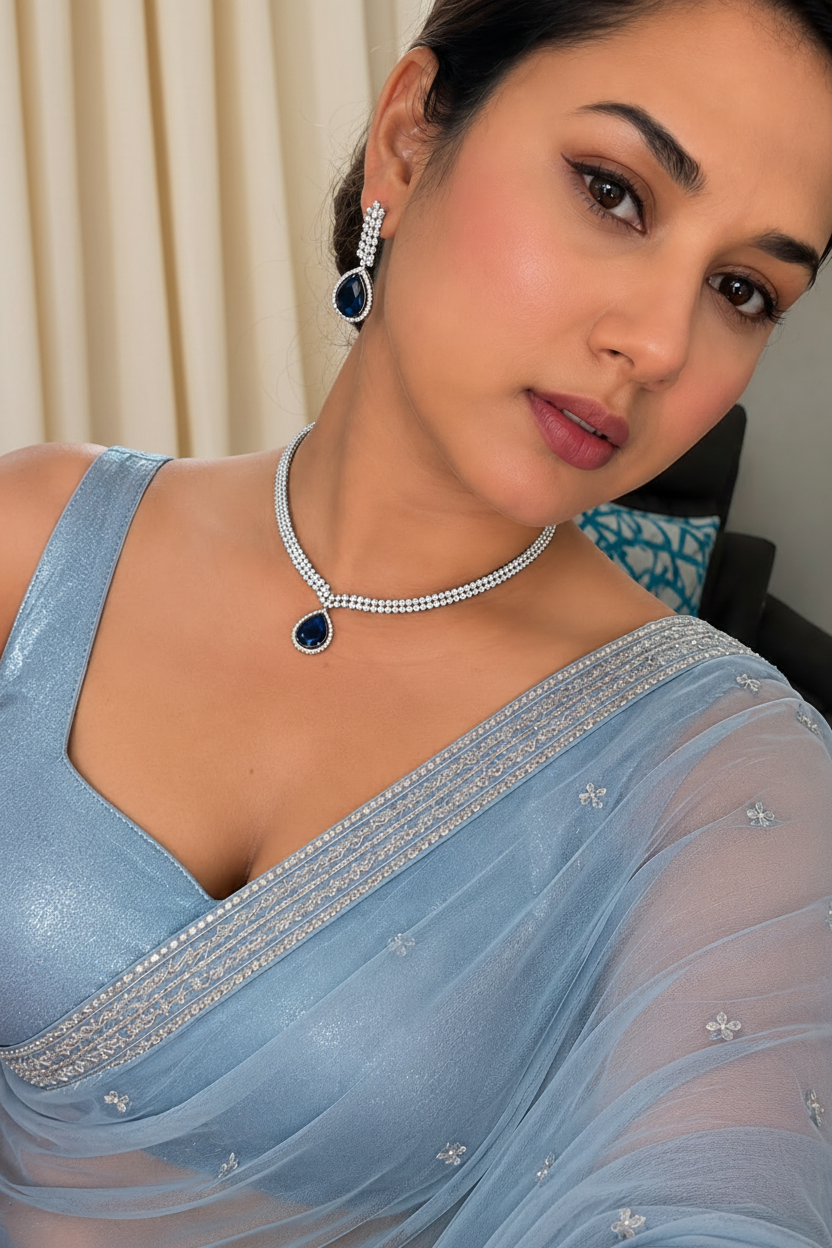 ✨ Kiara AAmerican Diamond Necklace & Earring Set | Variants:
🤍 Crystal White
💙 Sapphire Blue