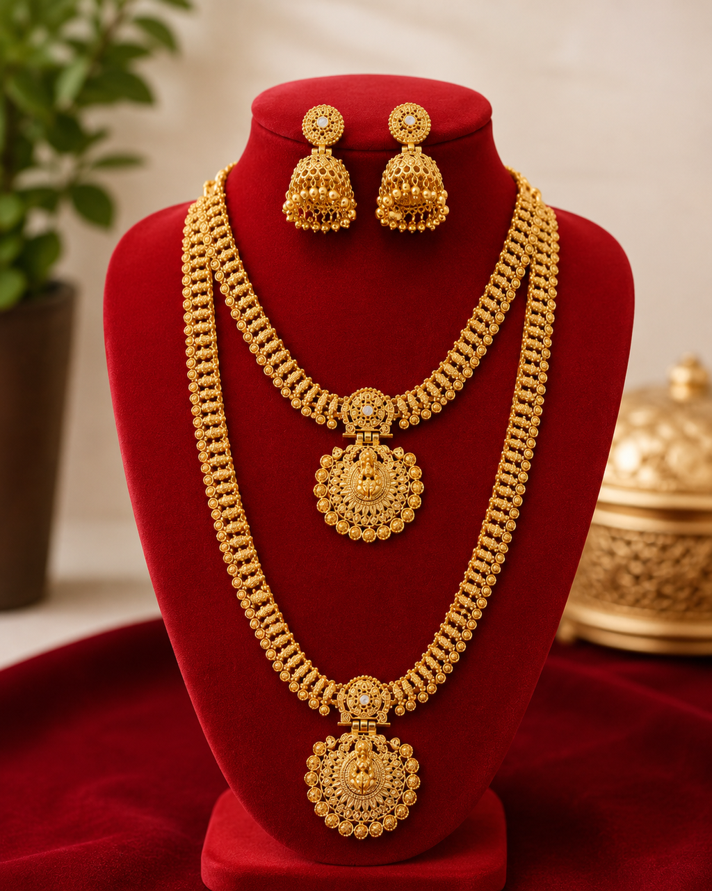 Aishwarya Temple Jewellery Set ✨
 – Long Haar, Mini Haar & Jhumka Earrings