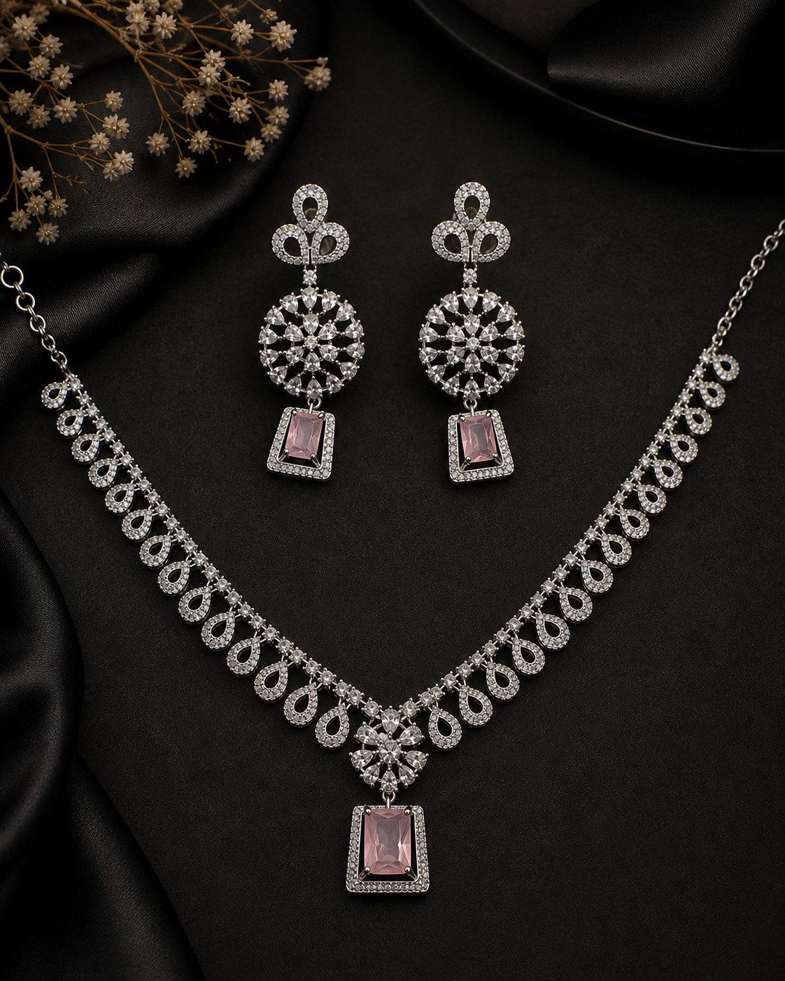 Noor Pink AD Necklace & Earring Set