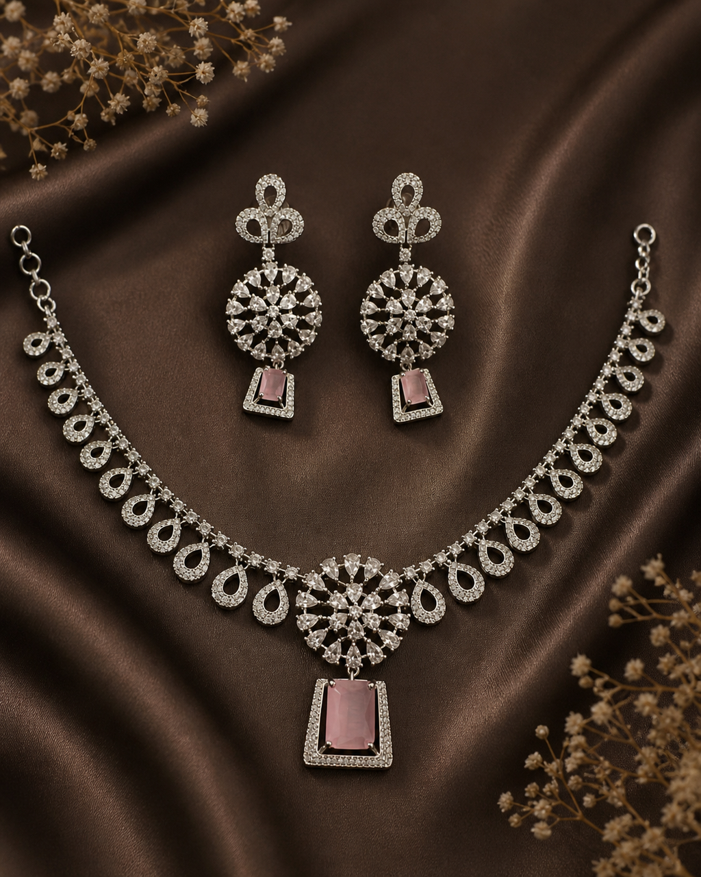 Noor Pink AD Necklace & Earring Set