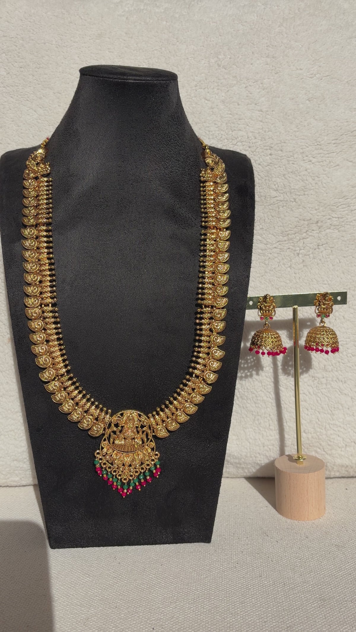 Lakshmi Temple Jewellery Long Necklace Set with Jhumka Earrings