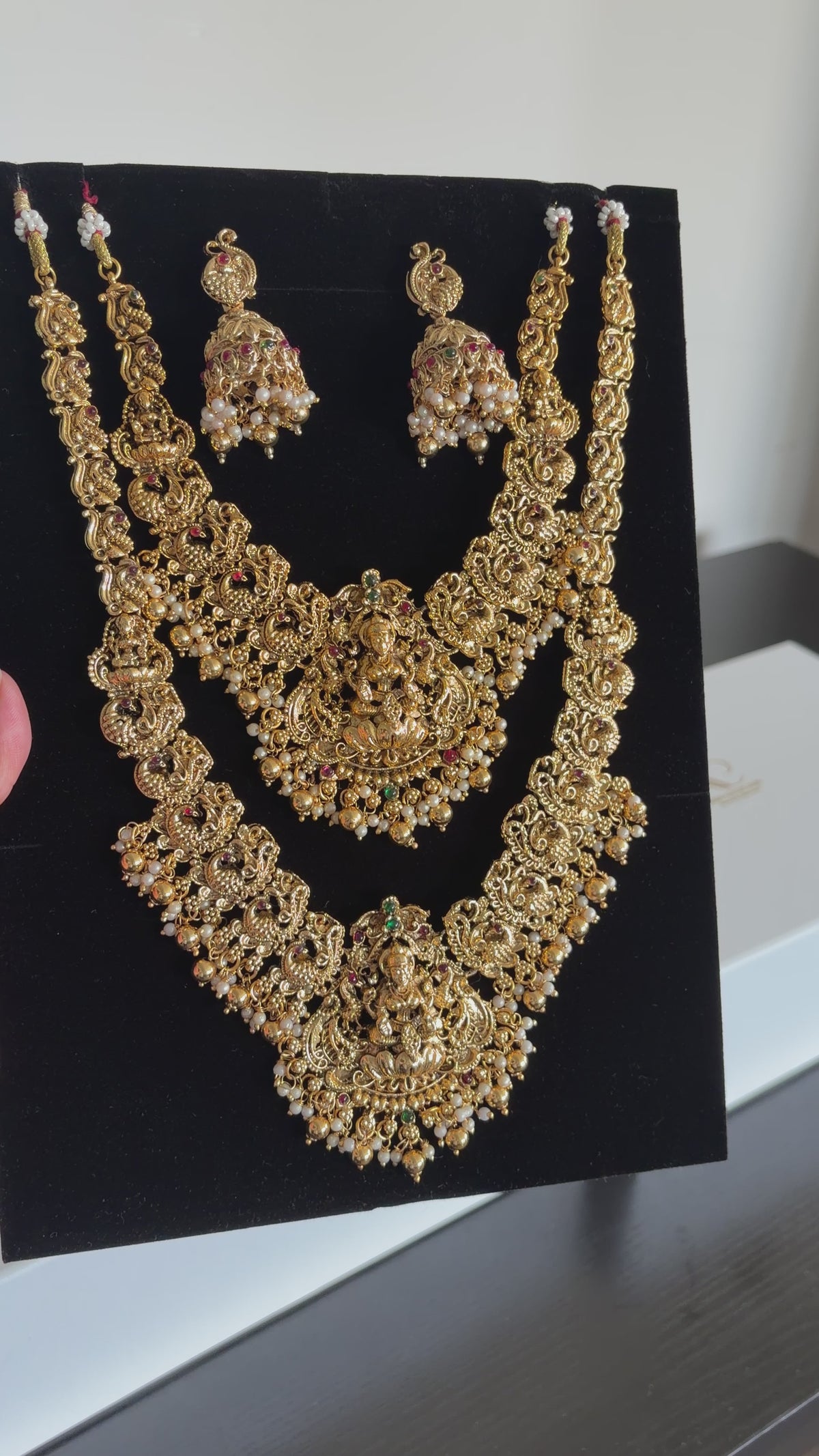 Antique Gold Plated Brass Bridal Temple Long Necklace Set with Jhumka Earrings