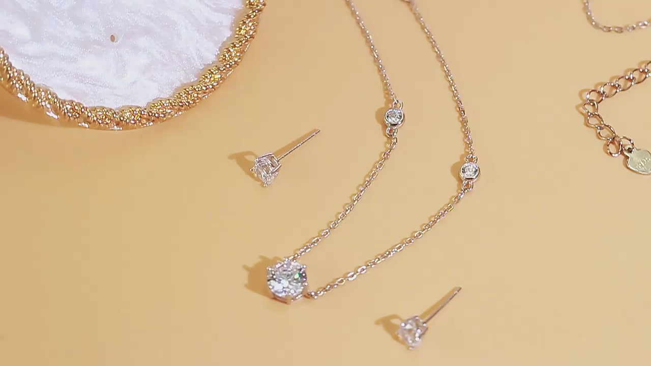 925 Sterling Silver Cubic Zirconia Necklace & Stud Earrings Set – Simple Everyday Elegance