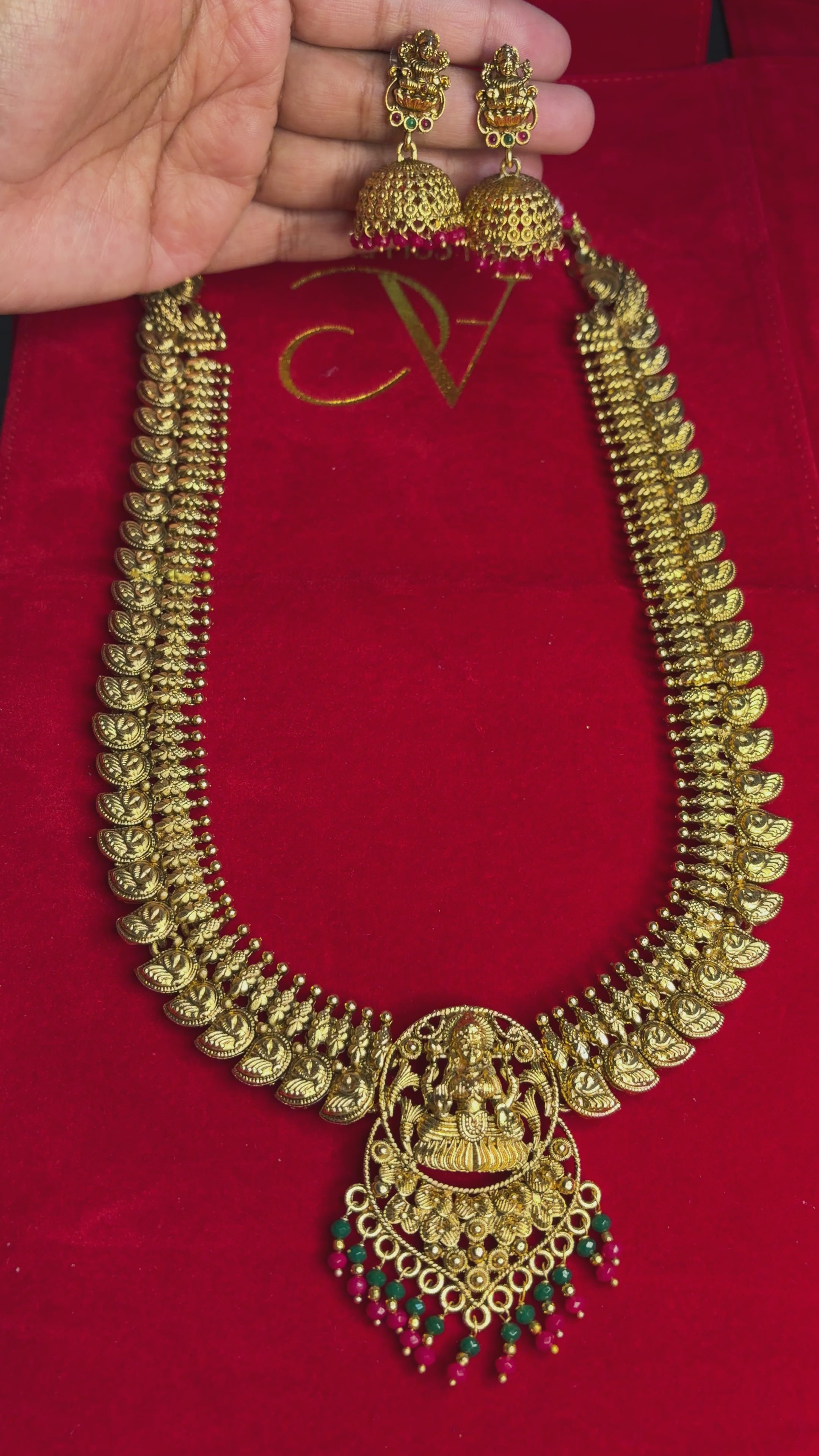 Lakshmi Temple Jewellery Long Necklace Set with Jhumka Earrings