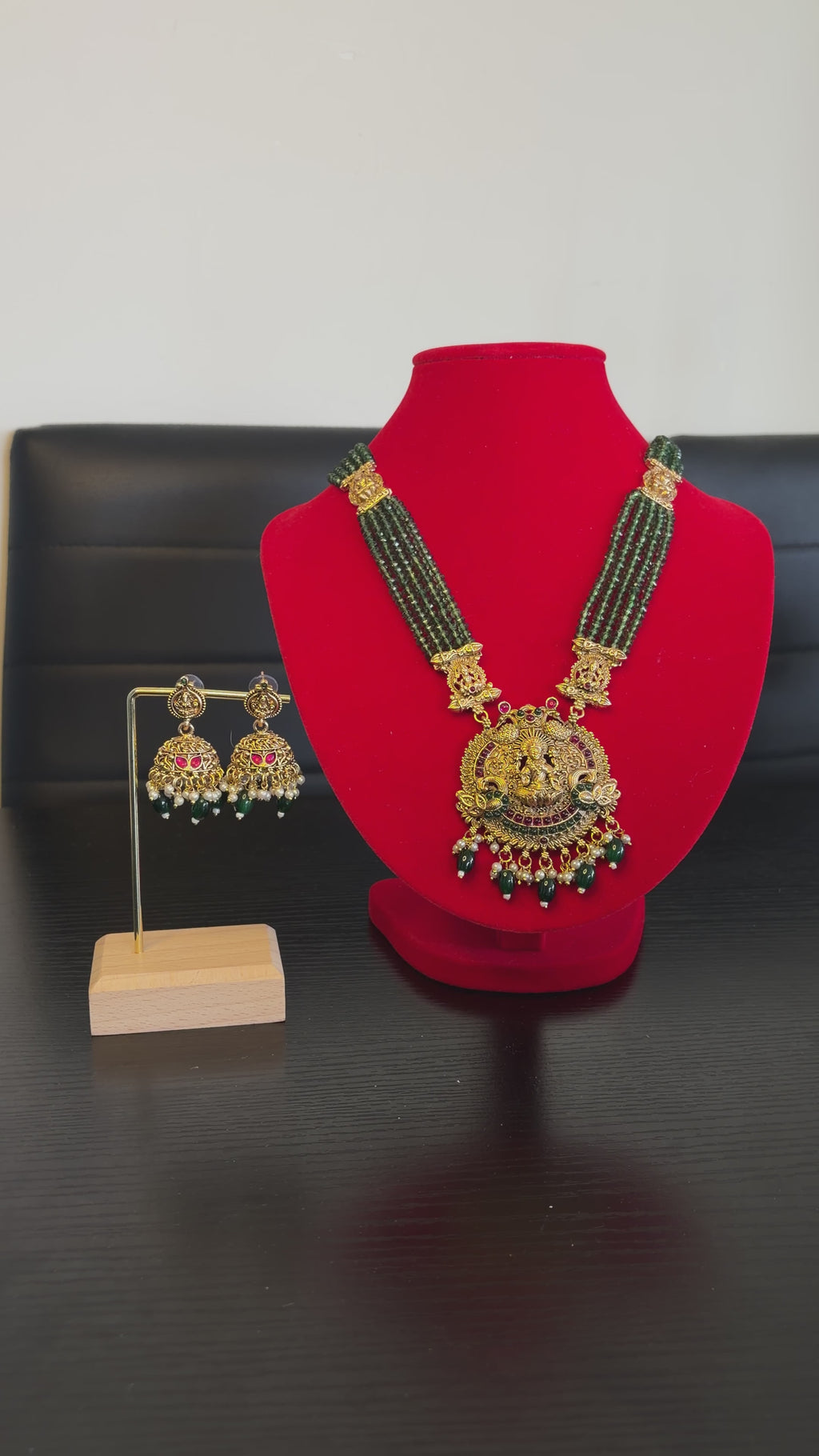 Royal Green Crystal long Necklace with earring set