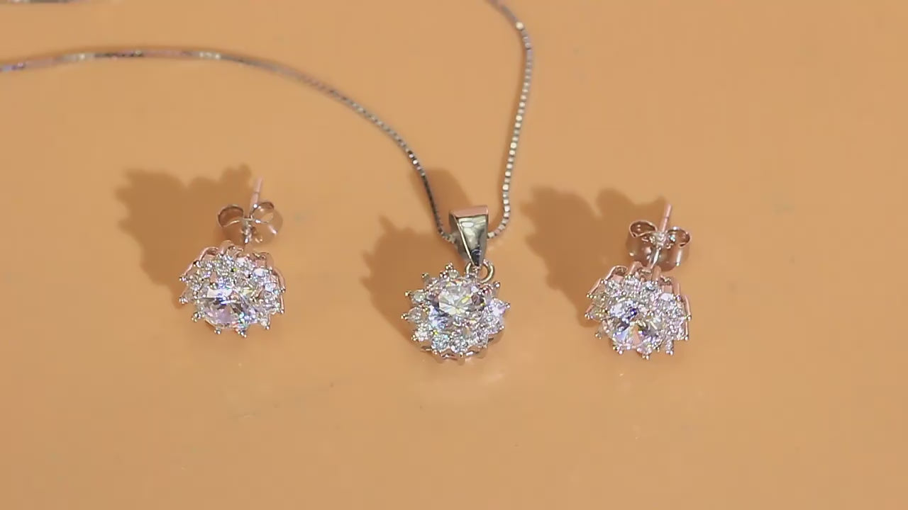 Latest Dazzling Cubic Zirconia White Flower 925 Sterling Silver Necklace & Earring Set