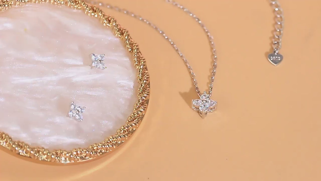 Minimalist Flower Cubic Zirconia 925 Sterling Silver Necklace & Earrings Set
