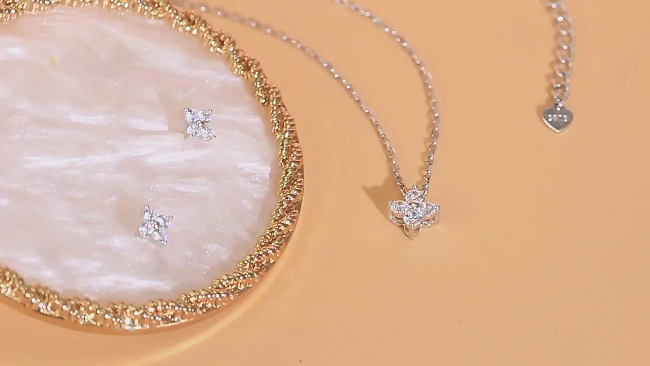 Minimalist Flower Cubic Zirconia 925 Sterling Silver Necklace & Earrings Set