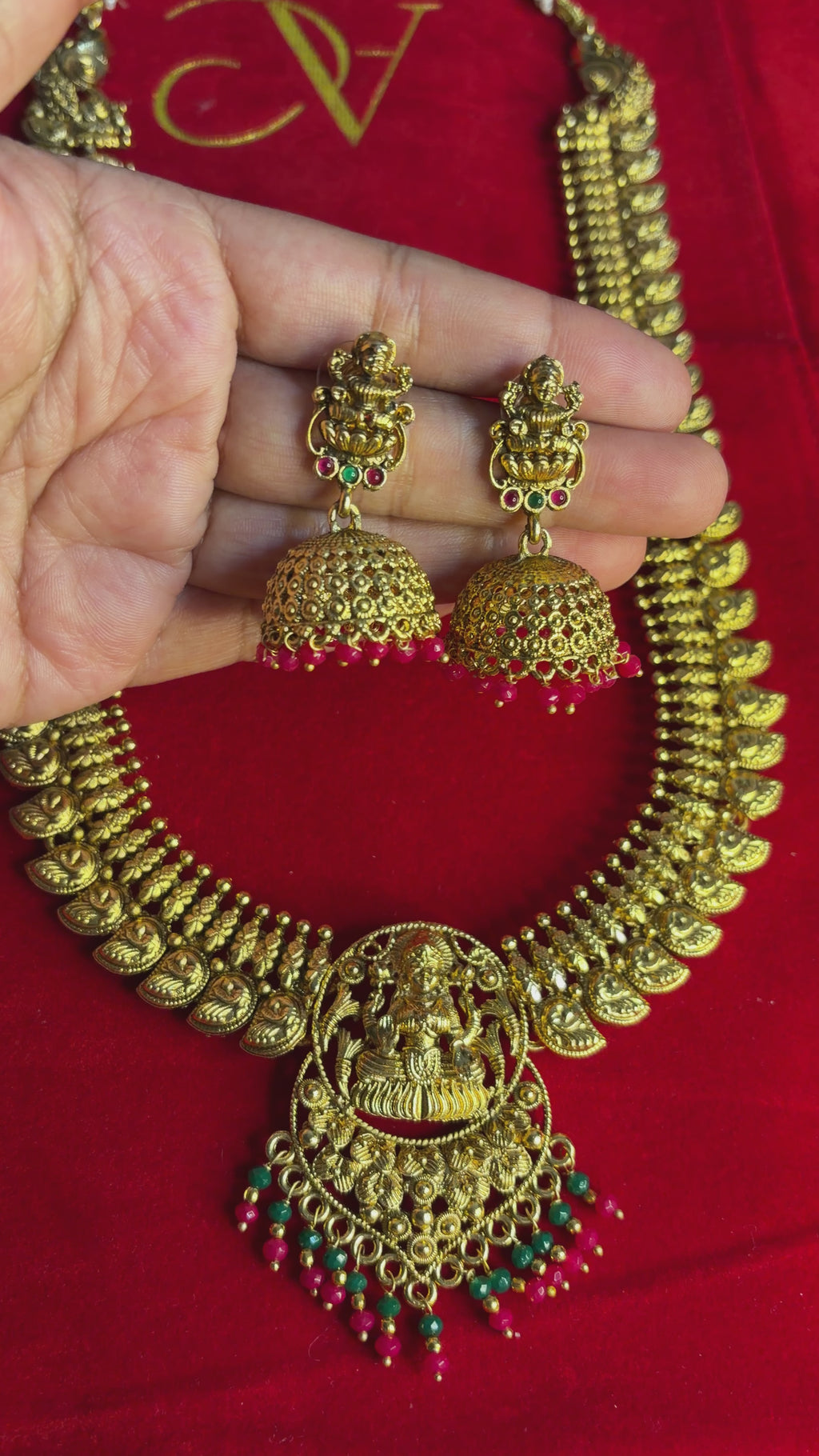 Lakshmi Temple Jewellery Long Necklace Set with Jhumka Earrings