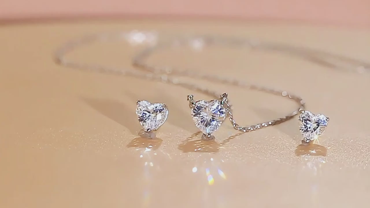 925 Sterling Silver Heart CZ Necklace & Stud Earrings Set