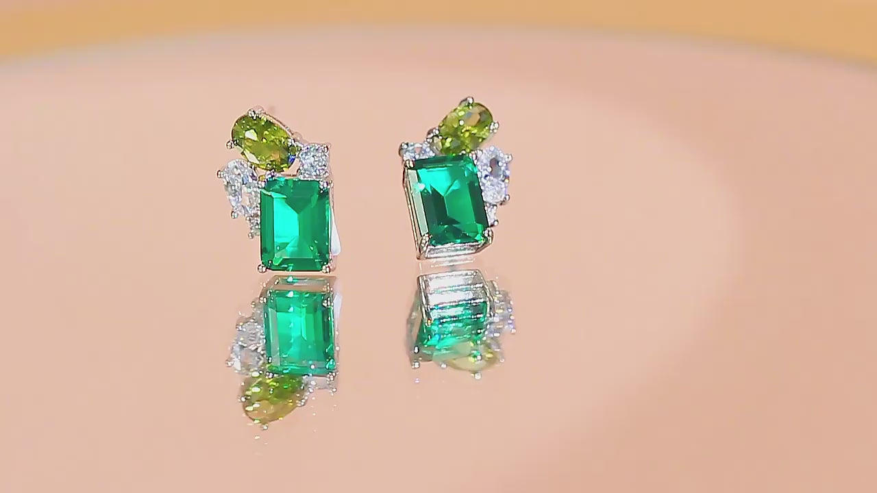 925 Sterling Silver  Green Square Cubic Zirconia Stud Earrings