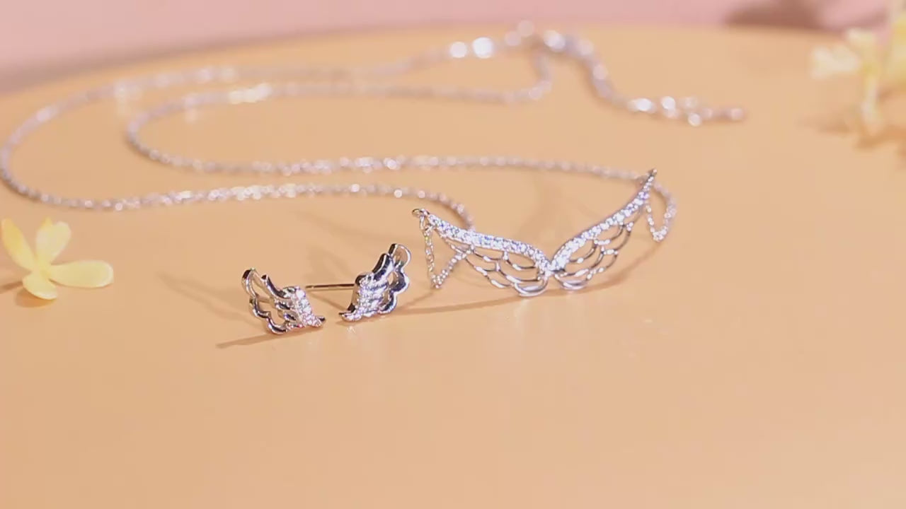 925 STERLING SILVER ANGEL WINGS CZ NECKLACE AND EARRING SET