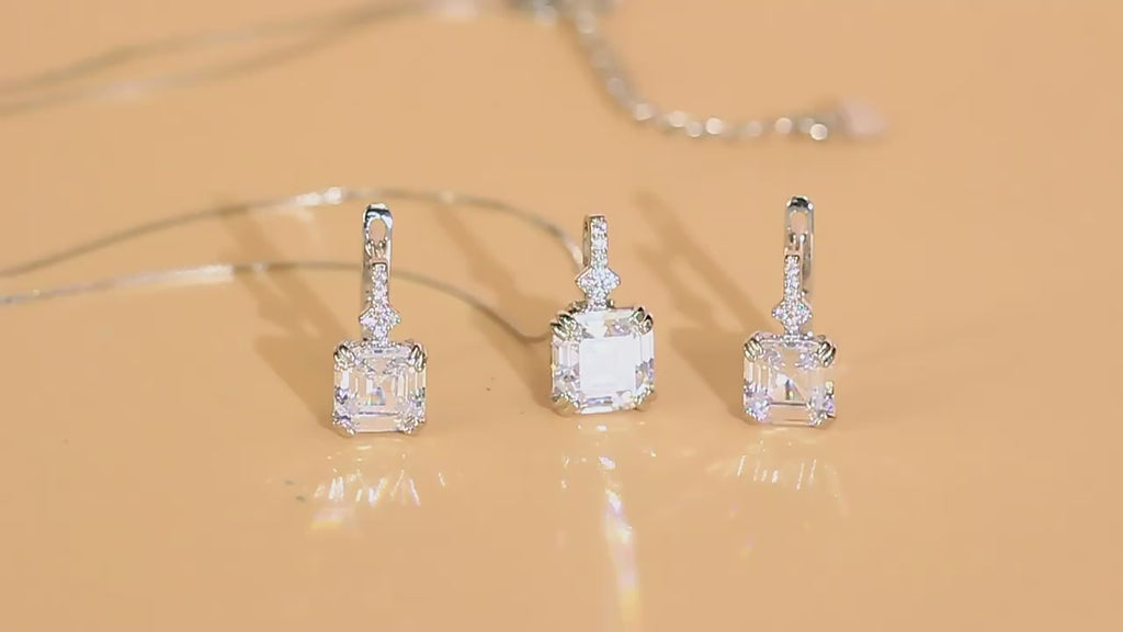 Fashion Iced Out 925 Sterling Silver Asscher Cut Cubic Zirconia Necklace and Earrings Set for Women Daily Wear