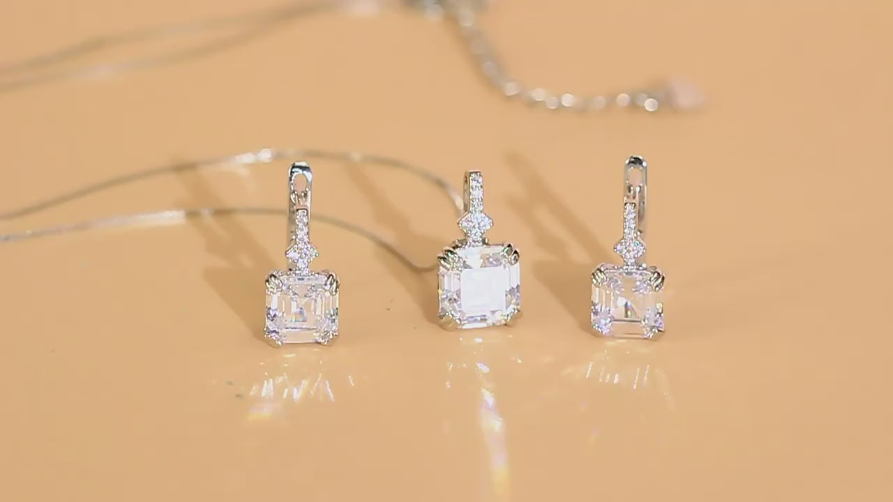 Fashion Iced Out 925 Sterling Silver Asscher Cut Cubic Zirconia Necklace and Earrings Set for Women Daily Wear