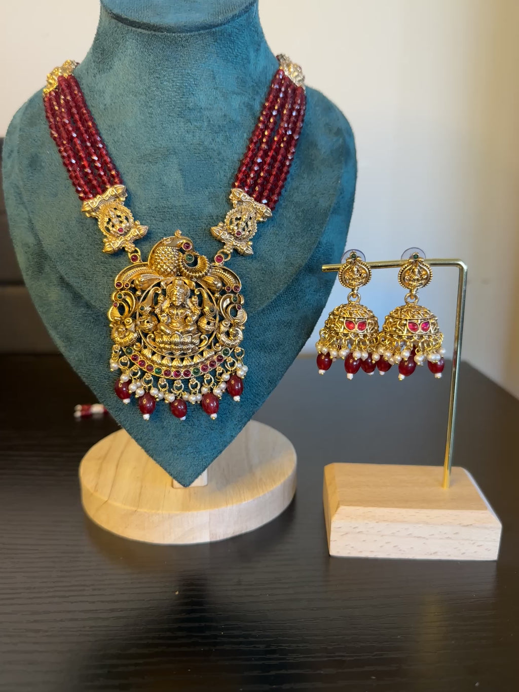 Maroon Crystal long Necklace with earring set