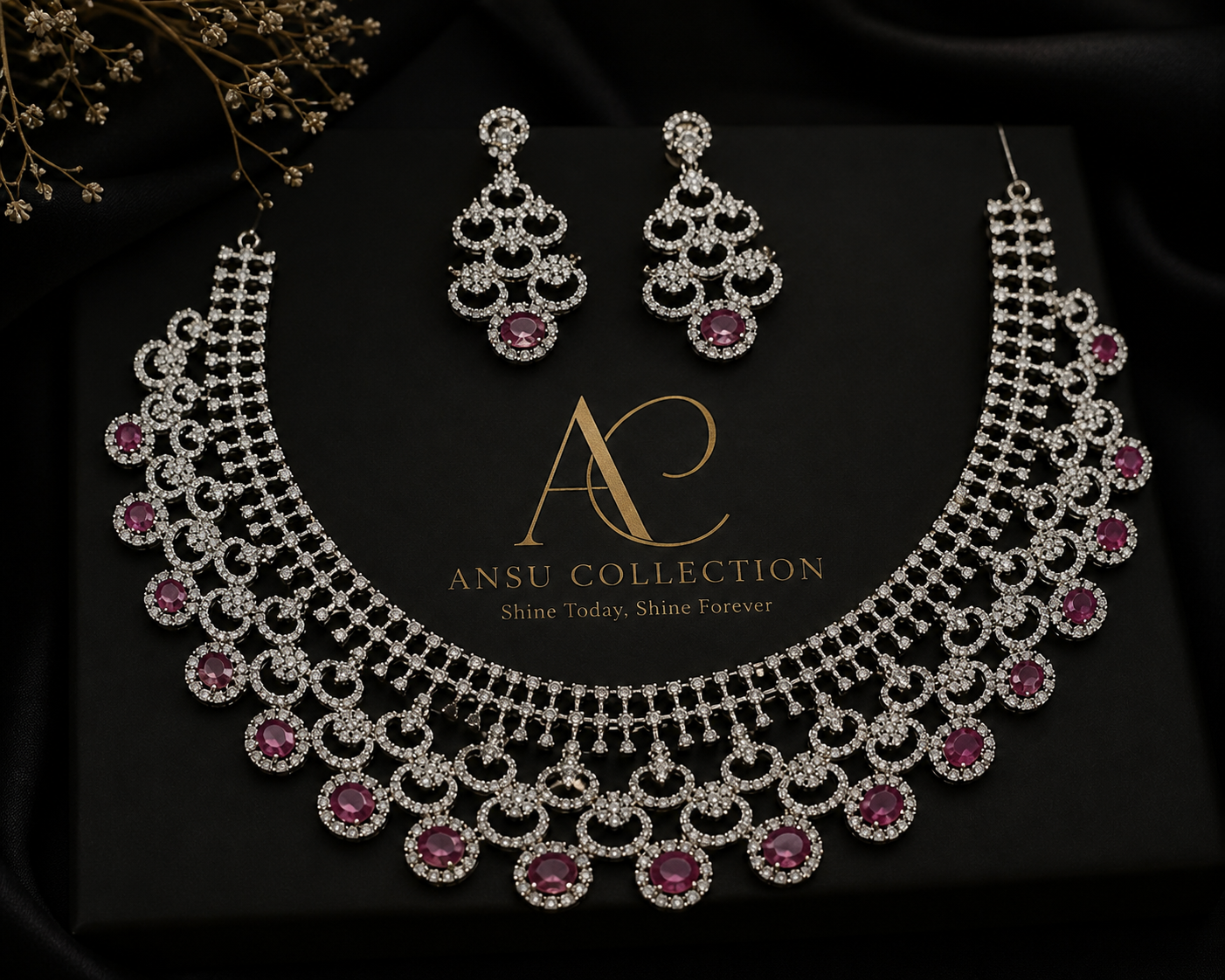 Rajkumari Ruby AD Bridal Necklace & Earring Set